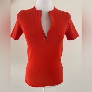 HELMUT LANG Top Orange Red Short Sleeve Top w Silver Zipper Sz S